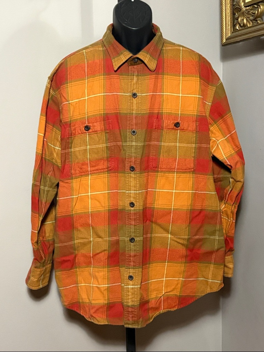 Orvis XL Orange & Olive Plaid Button Up Perfect Flannel Shirt